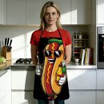 1pc 2D Flat 1406WQ Cool Hot Dog Selfie Pose Printed Pattern Apron, Durable and Easy to Clean, Adjustable Waistband, Two Sizes Available: 23.6inch*31.4inch or 20.4inch*28.3inch, Product Dimensions Only, Polyester Material, Unisex Cooking Apron