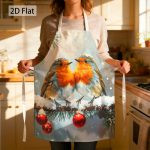 1pc Christmas Winter Robins& Pine Branches Graphic Chef Apron Bold Print Holiday Decorative 27 X 22 Inch(68 X 55cm) Kitchen Apron Funny Unisex Comfortable Fade Resistant for Cooking Party Home Chef